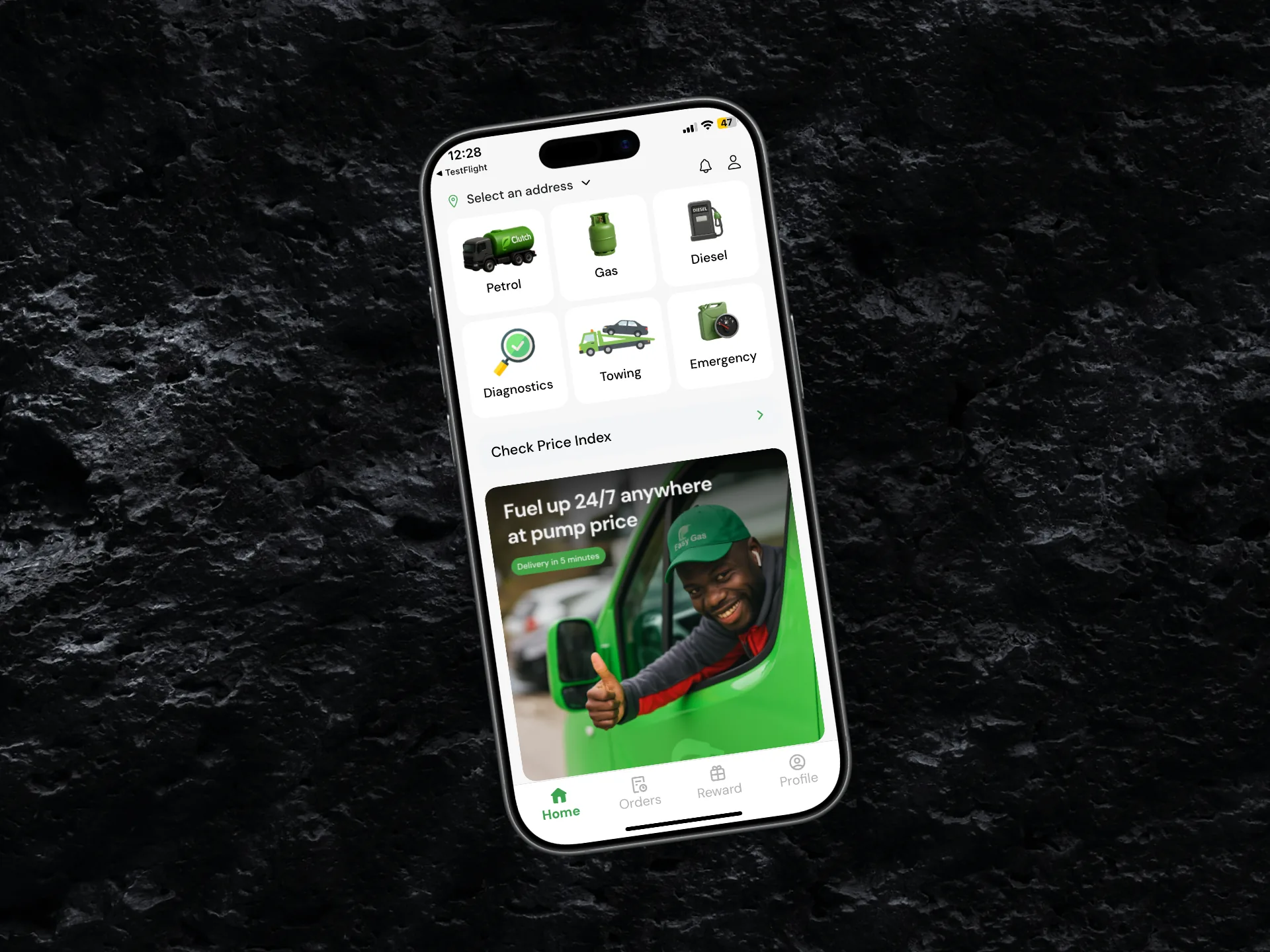 Product mockup of the home service hub with Petrol, Gas, Diesel, and more