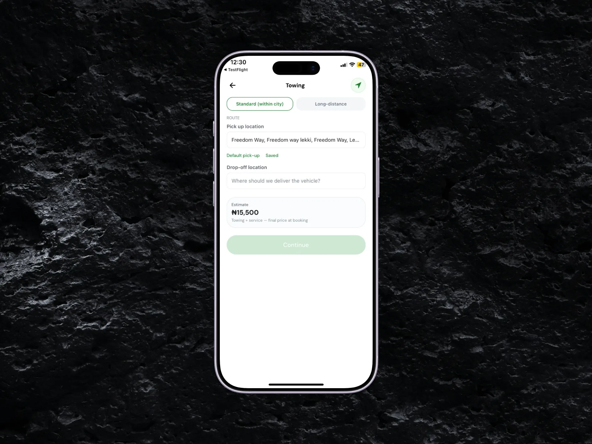 Towing booking with route picker, saved addresses, and live price estimate