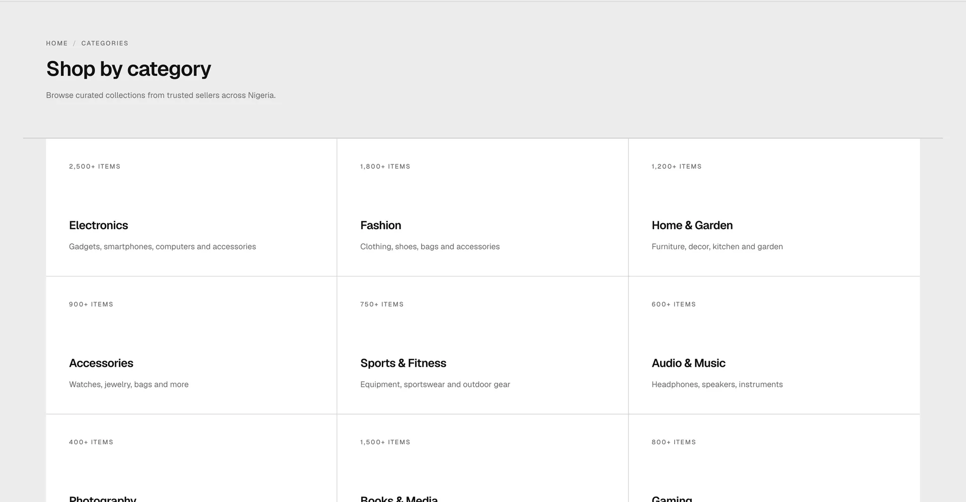 Shop by category: editorial grid of collections from trusted Nigerian sellers.