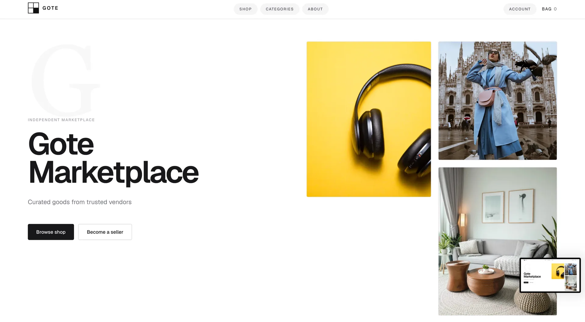 Marketplace homepage: editorial hero, curated vendor collage, and seller CTA.