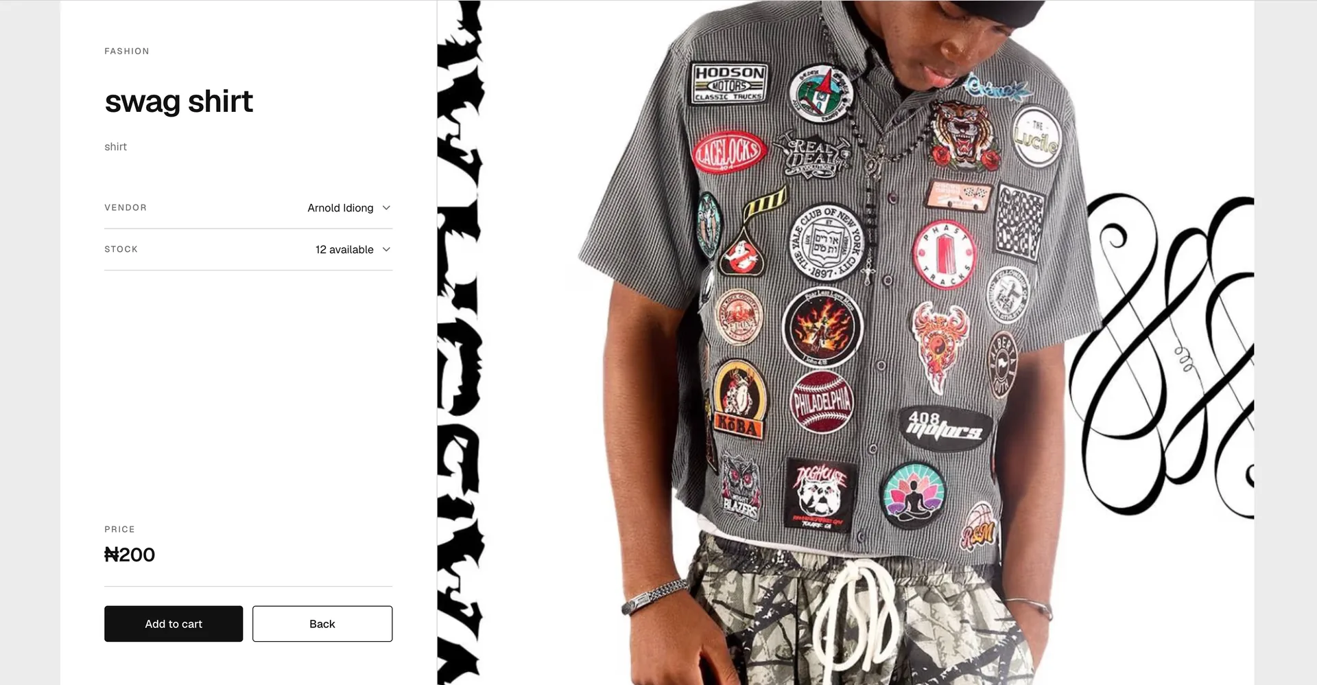 Product detail: vendor metadata, stock availability, and add-to-cart actions.