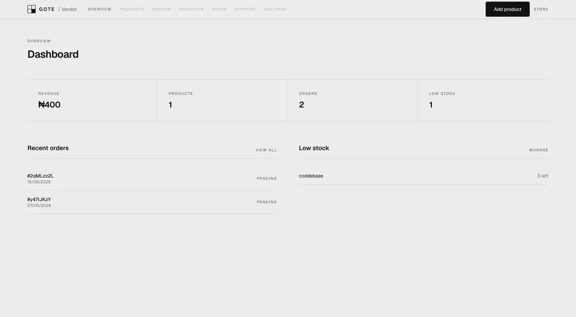 Vendor dashboard: revenue, orders, low-stock alerts, and product management.