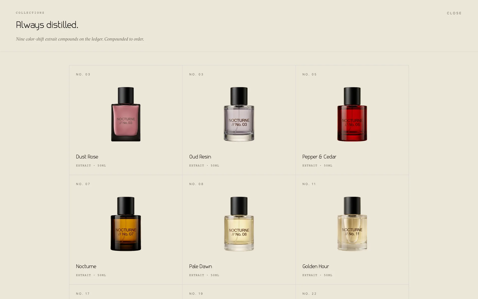 Collections ledger — nine color-shift extrait compounds, Always distilled.