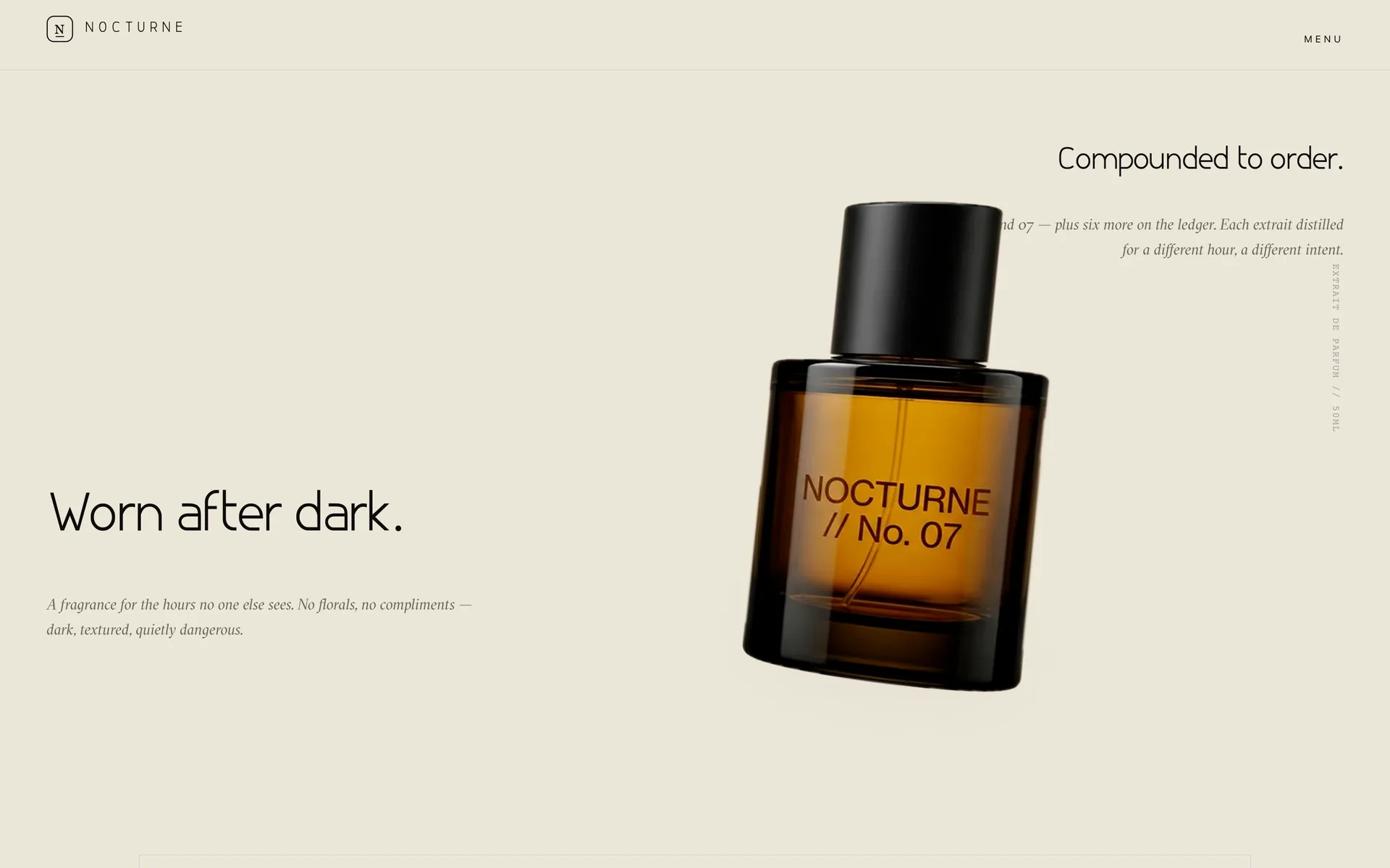 "Worn after dark." chapter — bottle docked in the right lane with compounded-to-order copy.