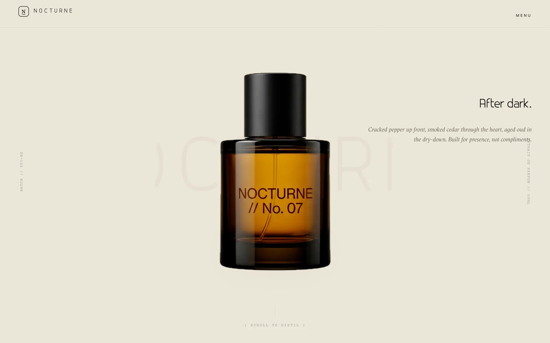 Pinned hero with No. 07 bottle, "After dark." editorial, and scroll-to-distil cue.