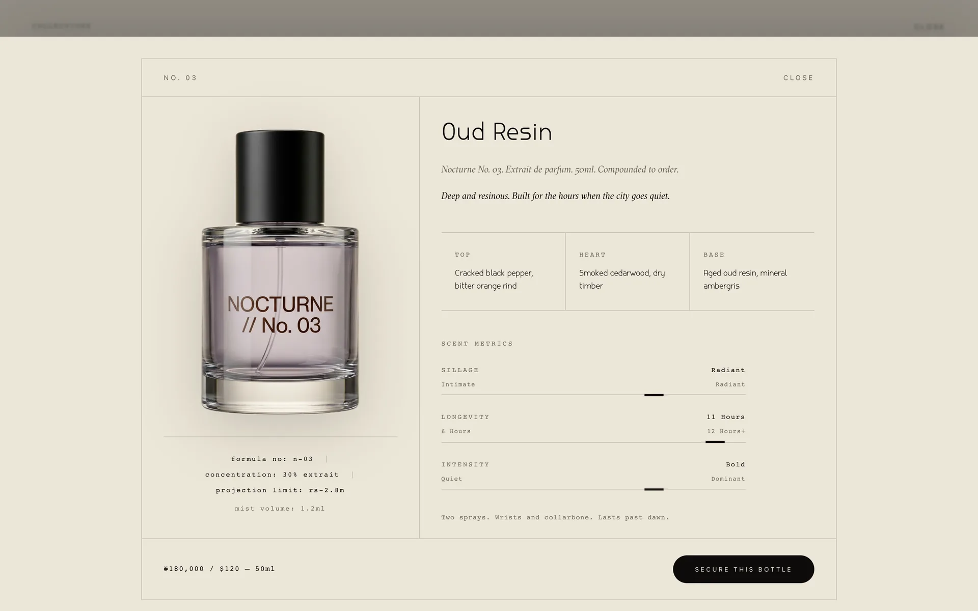Apothecary spec sheet: notes, scent metrics, and Secure this bottle CTA.