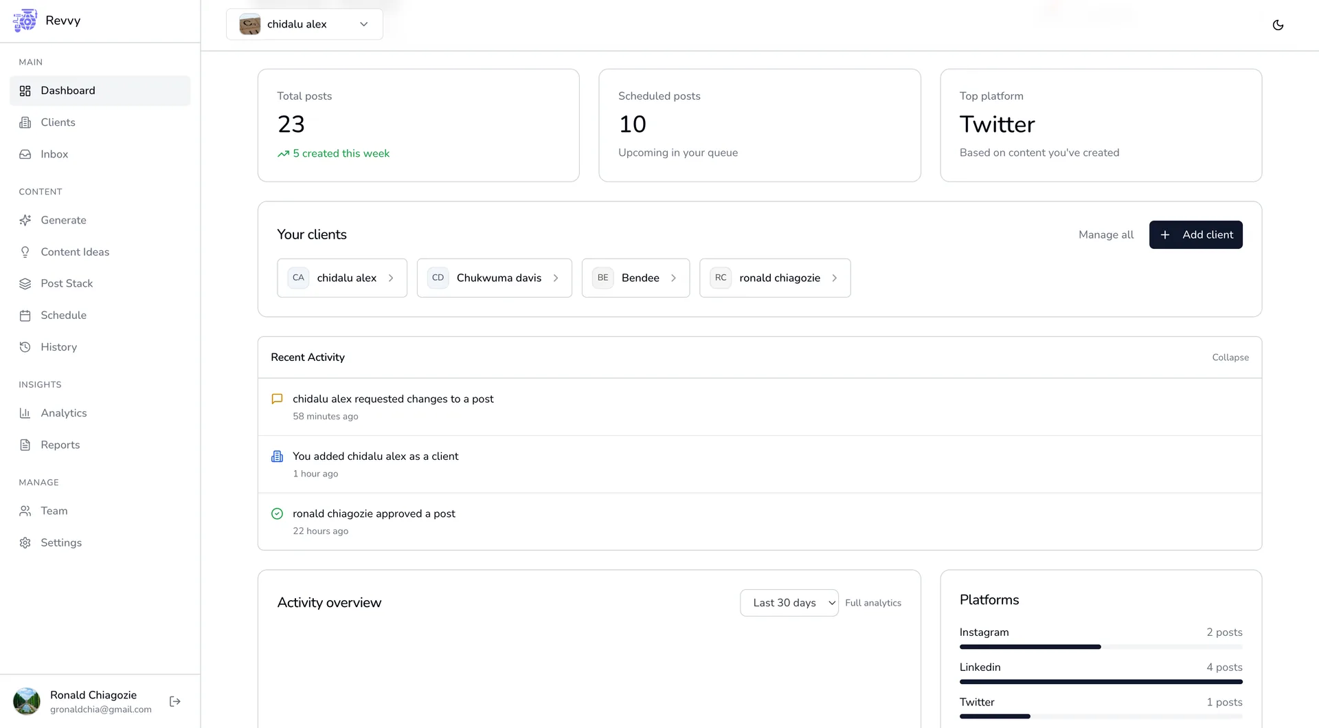 Agency dashboard: clients, pending approvals, and upcoming posts in one view.