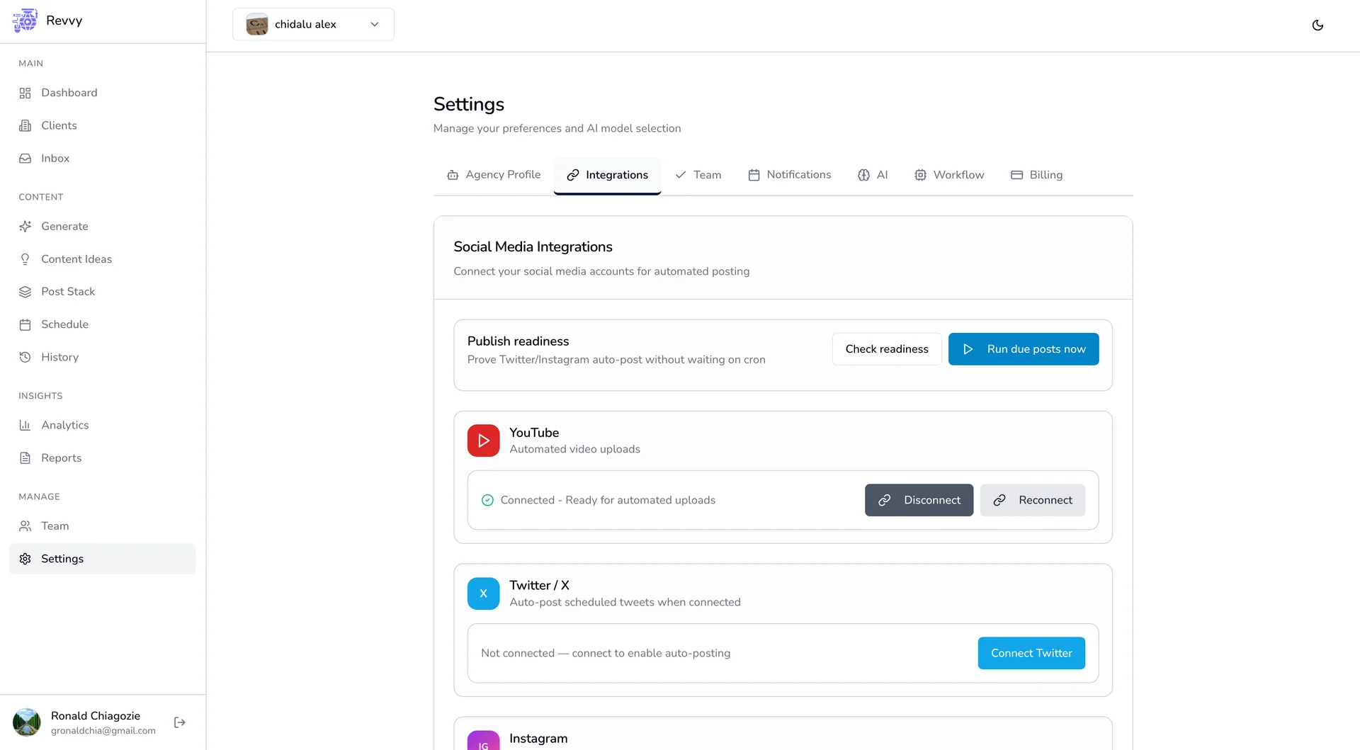 Settings: platform connections and a publish-readiness check before anything goes live.