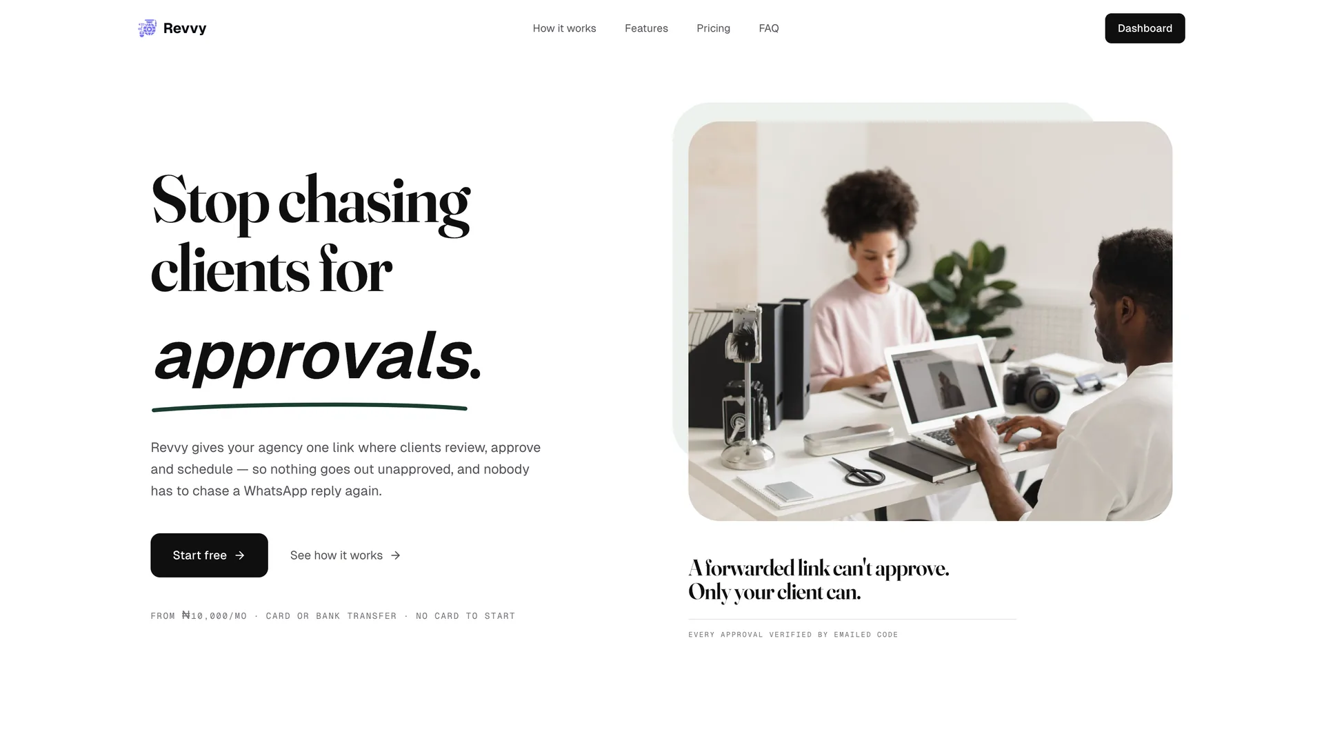 Marketing site: the approval pitch, pricing in NGN, and sign-up entry.