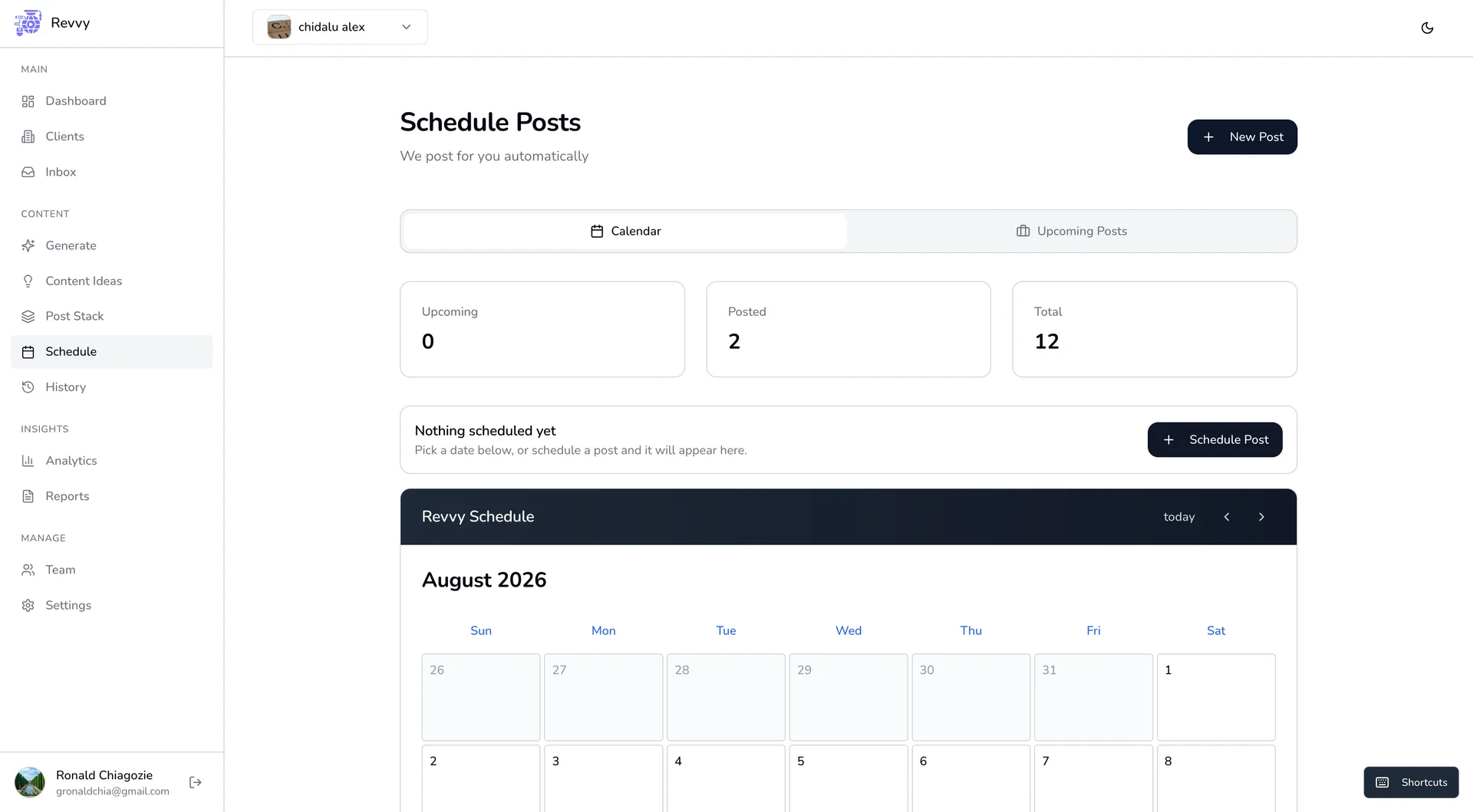 Scheduling: upcoming, posted, and total counts above a month grid for queuing posts.