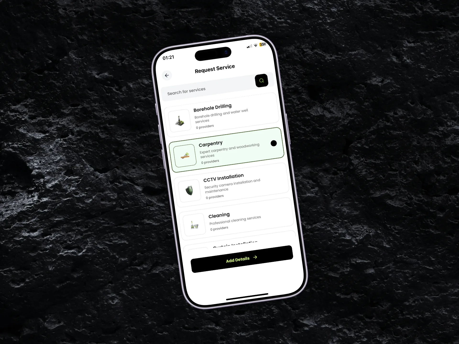 Service categories: full grid and search for plumbing, electrical, cleaning, and more.