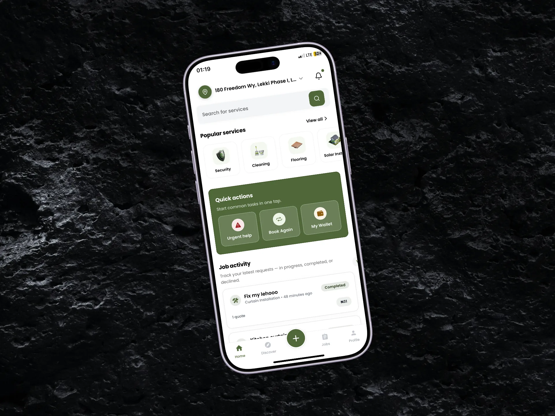 Home hub: location, search, popular categories, quick actions, and job activity.