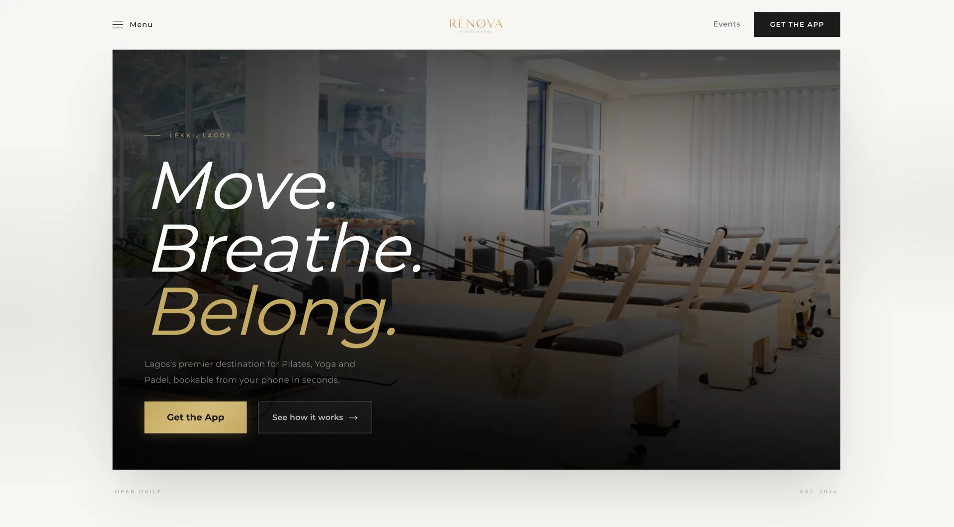 Pinned hero with "Move. Breathe. Belong." headline, studio photography, and app-download CTA.