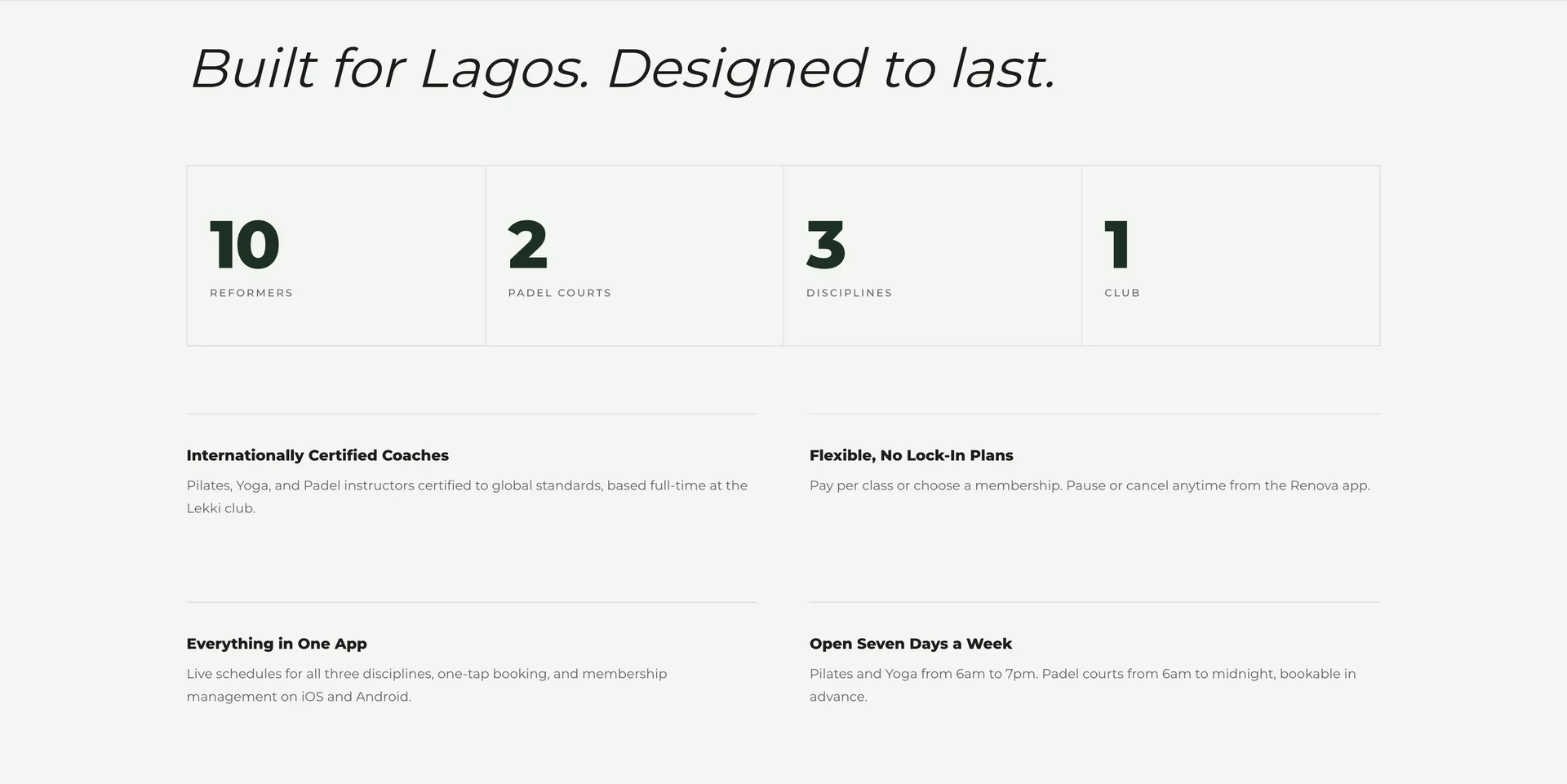 "Built for Lagos. Designed to last." Club stats, coaches, and membership features.